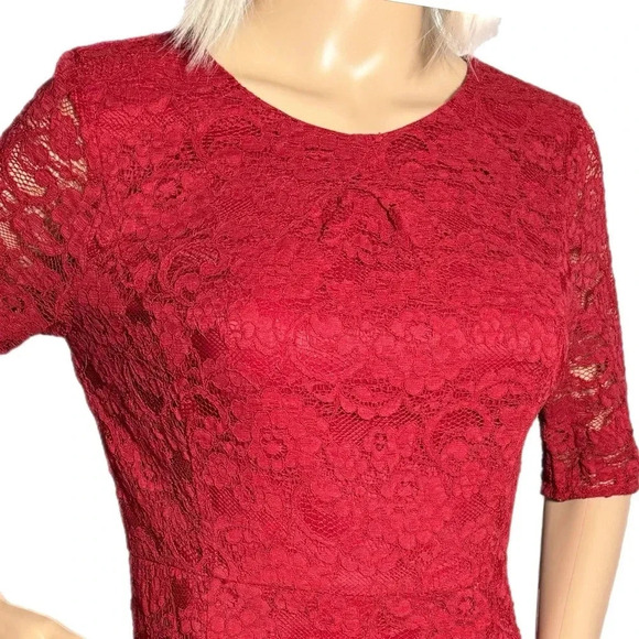 TALBOTS Romantic Red Lace Dress Half Sleeve Midi A Line Classic Lined Sz 2/4 - Picture 8 of 13